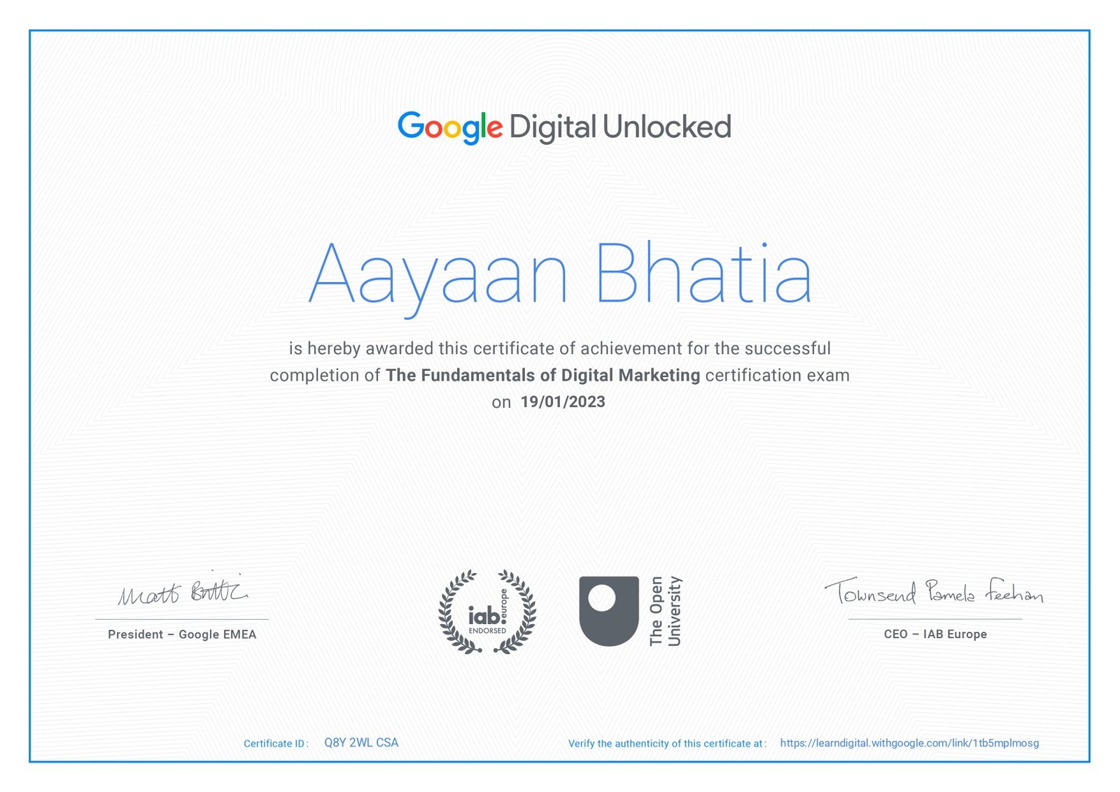 Google Digital Unlocked certificate Aayaan