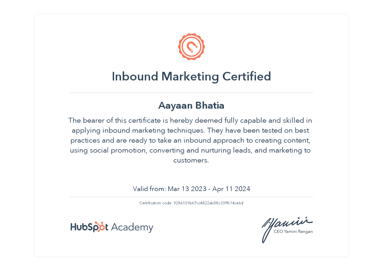 Aayaan Hubspot Inbound Certificate